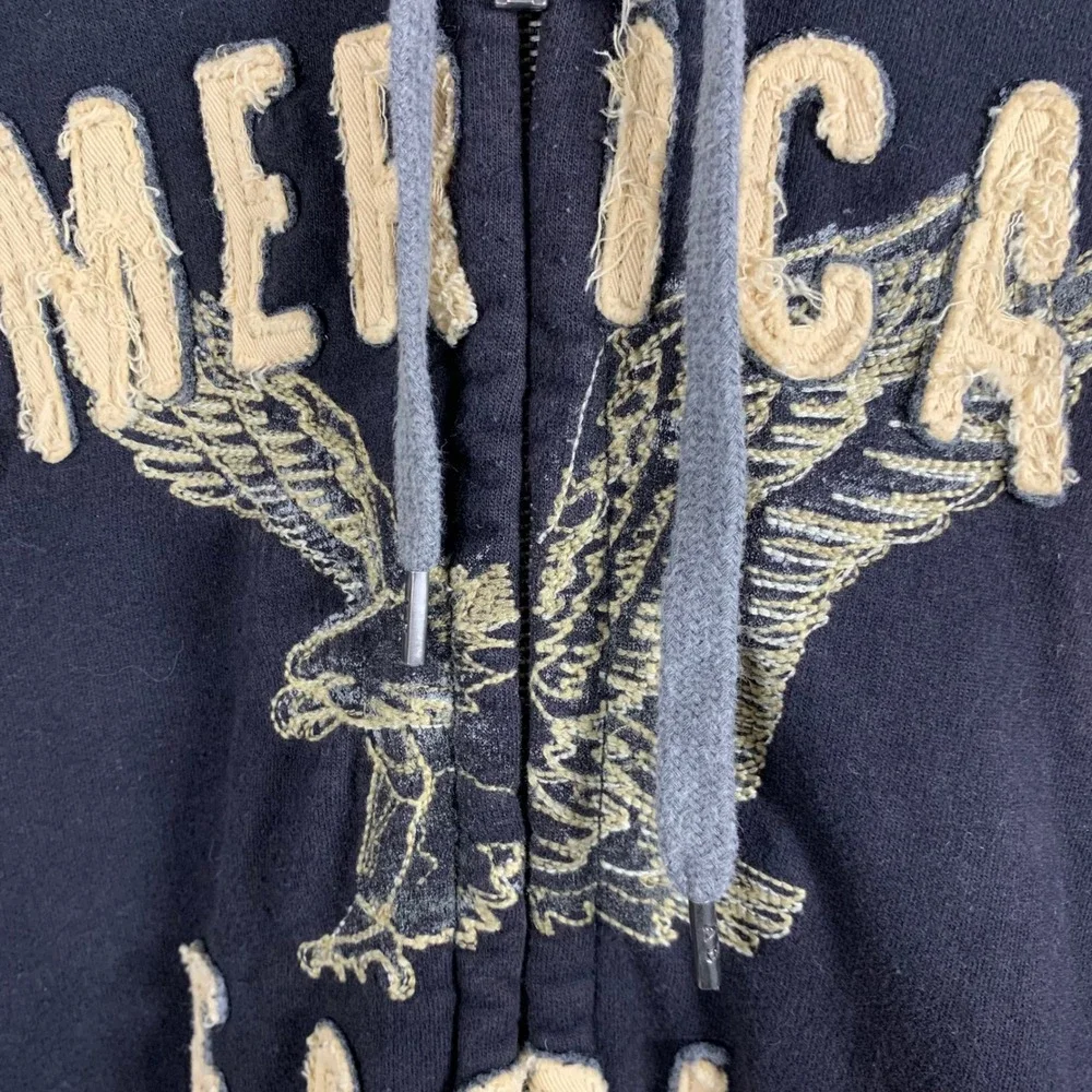 American Eagle Black Full Zip Hoodie Eagle Graphic Men XL Y2K Spell Out Skater‎ - Picture 4 of 14